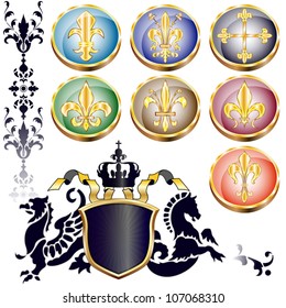 Vector set of badges with Fleur-de-lis and arms with different supporters