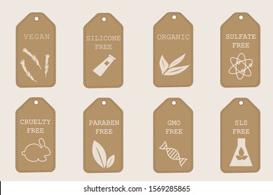 Vector set of  badges and icons for natural eco friendly handmade products, organic cosmetics, Warning labels as cruelty free, paraben free, sls free.