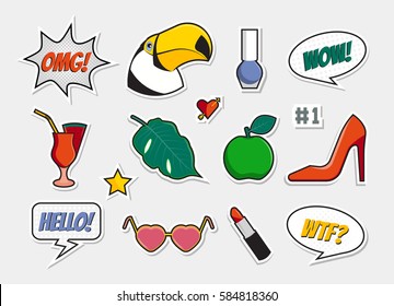 Vector set of badges, icons, stickers, patches, pins with toucan, cocktail, heels, apple, sunglasses, lipstick, leaf, varnish, heart with arrow. Comic speech bubbles with phrases: WOW, OMG, WTF, hello