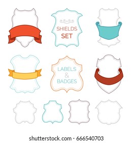Vector set of badges, labels, shields and ribbons. Linear vintage borders, frames, tags, labels designs isolated on white background. There is place for your text inside them.