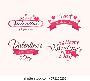 Vector set of badges and labels with title “Happy Valentine’s day”, “Be my Valentine” and “My sweet Valentine”. Decoration elements with holiday symbols . hearts, arrow and ribbon