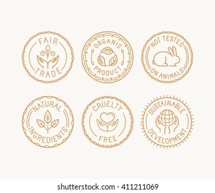 Conjunto vectorial de insignias y etiquetas de estilo lineal moderno - comercio justo, productos orgánicos, no probados en animales, ingredientes naturales, desarrollo sin crueldad y sostenible