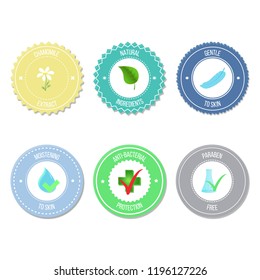 Vector set of badges and labels with various inscriptions for cosmetics. Cosmetics label on white background, isolated  elements for design packaging, labels, tags or stamps and badges.