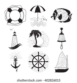 Vector set of badges  with lighthouse, boat, steering wheel, lifebuoy, bell, fish, island with palm trees, beach with umbrella and anchor. 