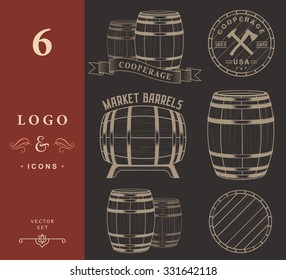 Vector set of badges and logos cooperage workshops. The collection of symbols and emblems on a white background - stock vector