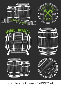 Vector set of badges and logos cooperage workshops. The collection of symbols and emblems on a black background - stock vector