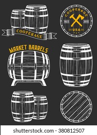 Vector set of badges and logos cooperage workshops. The collection of symbols and emblems on a black background - stock vector