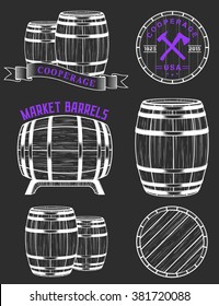 Vector set of badges and logos cooperage workshops. The collection of symbols and emblems on a black background - stock vector