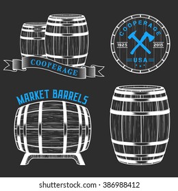 Vector set of badges and logos cooperage workshops. The collection of symbols and emblems on a black background - stock vector