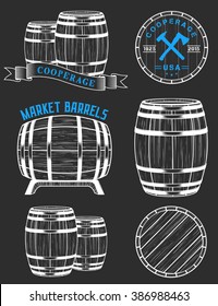 Vector set of badges and logos cooperage workshops. The collection of symbols and emblems on a black background - stock vector