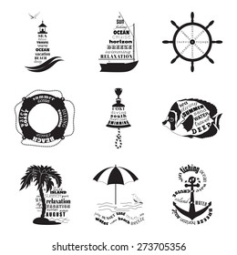 Vector set of badges in marine style. Lighthouse, boat, steering wheel, lifebuoy, bell, fish, island with palm trees, beach with umbrella, anchor. Typography elements. 