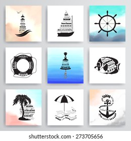 Vector set of badges in marine style on watercolor background. Lighthouse, boat, steering wheel, lifebuoy, bell, fish, island with palm trees, beach with umbrella, anchor. 