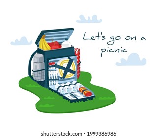 Vector Set with Bag and Picnic Items. This is variety of Food and Drink, Plates, Spoons, Forks, Dishes, Thermos, text. Concept Going on a Picnic, Invitations, Holding, Nature, Recreation, Preparation.