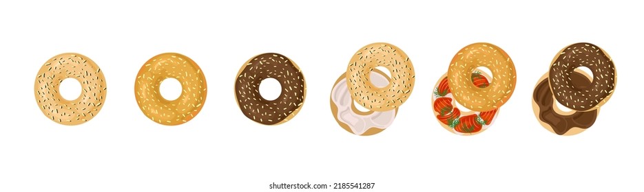 Vektorset aus Bagel-Symbolen, verschiedene gestufte Fast Food Illustration-Symbole Grafische Set-Kunst-bunte Illustration.