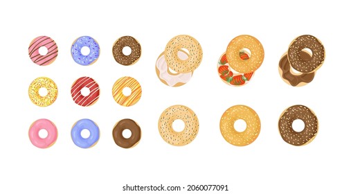 Vector Set of Bagels, Glazed Colorful Bagels, Stuffed and Plain Bagels, Donuts, Vector Illustrations Isolated on White Background. 