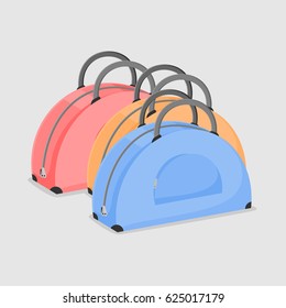 Vector set of bags. Pretty women's suitcases of blue, orange and pink color isolated on a white background.