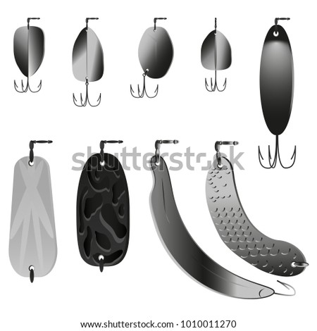Vector set of bait for fishing. Drawing  in black and white colors on white background. Can be used in postcards, posters, textiles, professional literature, logo for fishing club.