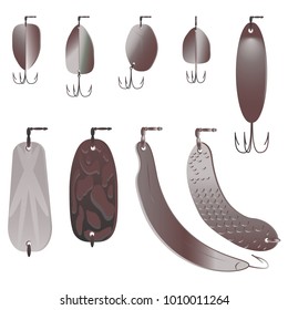 Vector set of bait for fishing. Monochrome drawing on white background. Can be used in postcards, posters, textiles, professional literature, logo for fishing club.