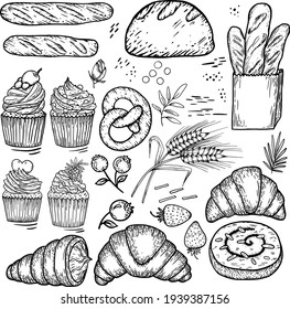 Vector set of baked goods: baguette, baguette in a package, bread, croissant, pretzel, sinabon, cupcakes, muffins, wheat, berries, strawberry, great elements for your design.