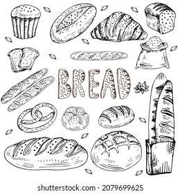 Vector set of baked goods: baguette, baguette in a package, bread, croissant, pretzel, sinabon, cupcakes, muffins, wheat, great elements for your design.