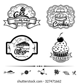 Vector set of bakery and cakes labels, design elements, emblems and badges. Isolated logo illustration in vintage style. Templates collection on white background.