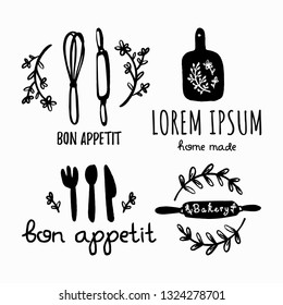 vector set of bakery labels. Graphic logos for home baking. Black and white icons of kitchen elements in hand draw, Doodle style.