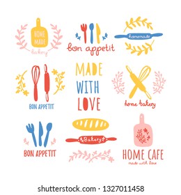 vector set of bakery labels. Graphic logos for home baking.  icons of kitchen elements in hand draw, Doodle style.