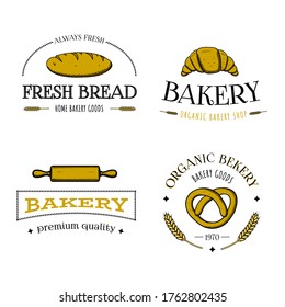 Vector set of bakery logos, labels, badges or icons. Engraved style sketch hand drawn retro, vintage  Vector illustration. Organic home baking Bread Shop with bread, rolling pin, croissant, pretzel.