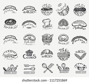 Vector set with bakery logotypes. Sketch bakery logos, labels, icons and objects.