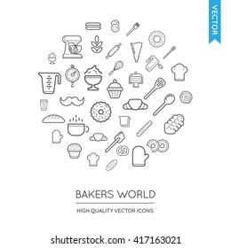 Vector Set of Bakery Modern Flat Thin Icons Inscribed in Round Shape