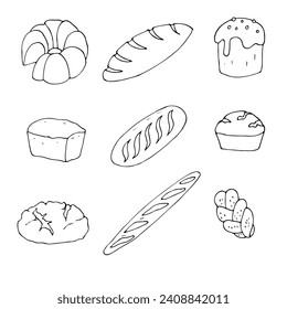 Vector set of bakery products in cartoon style on a white background. Outline drawing of bread and buns.