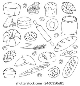 Vector set of bakery products in cartoon style on a white background. Outline drawing of bread and buns.