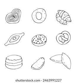 Vector set of bakery products in cartoon style on a white background. Outline drawing of pies and buns.