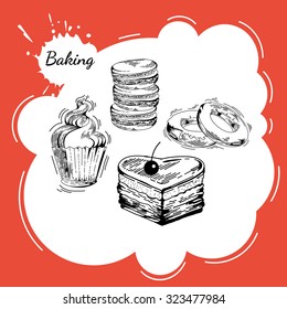 Vector set of bakery sweets. Hand drawing pastry, bakery products. Elements for cake websites. Cake, cupcake, muffin, pie, donut, macaroon, pastries  and other baked goods