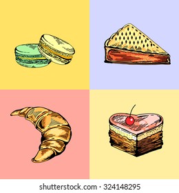 Vector set of bakery sweets. Hand drawing pastry, bakery products. Elements for cake websites. Cake, croissant, pie, macaroon, pastries. Vintage concept for bakery or cafe