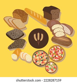 vector set of Bakery various kinds whole grain bread, rye bread, ciabatta, wheat bread, pizza baguette. Organic baked goods, shop food, design menu bakery pastry.