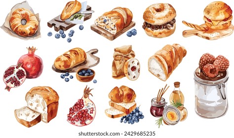 Vector set of baking breakfast in watercolor style. Buns, baguettes, bread, pastries, and other baked goods, fruits, pomegranate, blueberry. Vintage watercolor concept for a bakery or cafe menu design