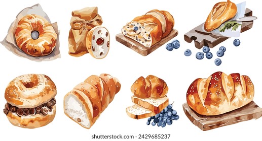 Vektor-Set von Backfrühstück im Aquarell-Stil. Brötchen, Baguettes, Brot, Gebäck und andere Backwaren, Obst, Feigen und Heidelbeeren. Vintage Aquarell-Konzept für ein Bäckerei- oder Café-Menü-Design