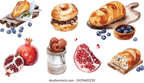 Vector set of baking breakfast in watercolor style. Buns, baguettes, bread, pastries, and other baked goods, fruits, pomegranate, blueberry. Vintage watercolor concept for a bakery or cafe menu design