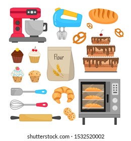 Vector set of baking equipment. Home bakery. Illustration of cakes, cupcakes, bread and other pastries.

