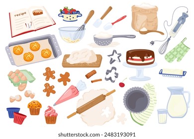 Vector set of baking ingredients, products and kitchen tools Flour, whisk, butter, milk for cooking homemade baking recipes Cartoon kitchen supplies, bakery stuff for poster, banner, card, advertising