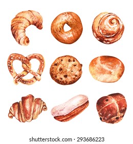 Vector set of baking in watercolor style. Muffins, bagels, croissants, pastries, bagels and other baked goods. Vintage watercolor concept for  bakery or cafe.