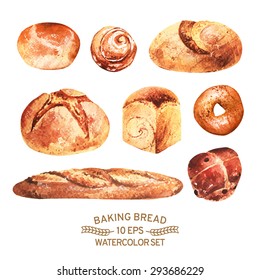 Vector set of baking in watercolor style. Buns, baguettes, bread, pastries, and other baked goods. Vintage watercolor concept for a bakery or cafe.