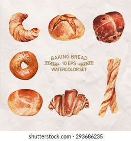 Vector set of baking in watercolor style. Muffins, bagels, croissants, pastries, and other baked goods. Vintage watercolor concept for  bakery or cafe.