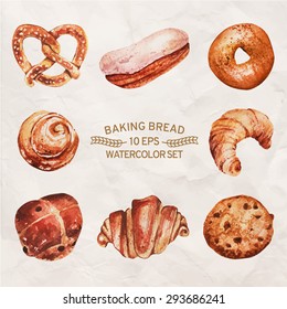 Vector set of baking in watercolor style. Muffins, bagels, croissants, pastries, and other baked goods. Vintage watercolor concept for  bakery or cafe.