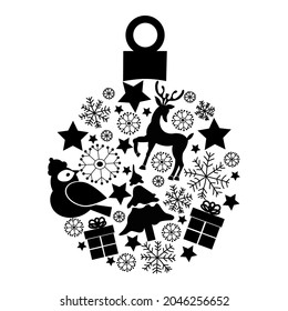 Vector set of balack icons in christmas ball with christmas tree, gift box, stars, snowflakes, deer on white background for logo, invitation, greeting cards