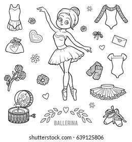 Vector set with ballerina and dancing objects. Cartoon black and white items