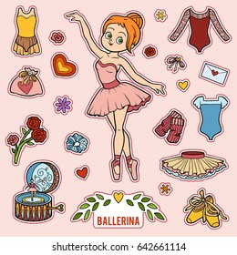 Vector set with ballerina and dancing objects. Cartoon colorful items