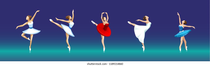 vector set of ballerinas in different poses on dark background