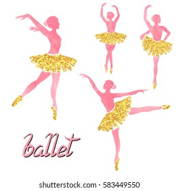 Vector set of of ballerinas in watercolor pink and glittering gold colors. Poses of ballet. 